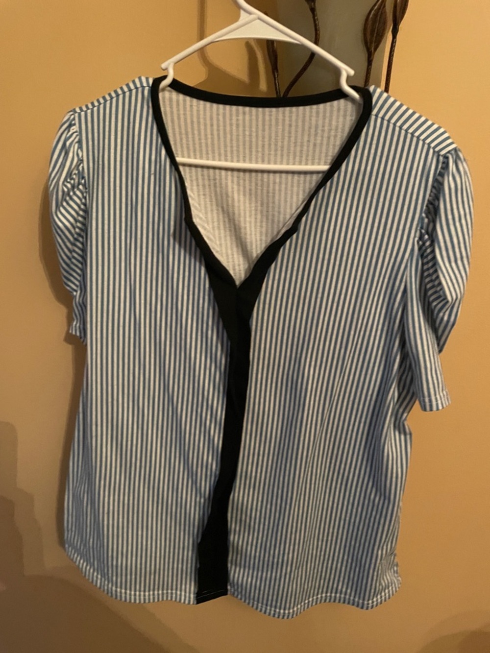 Striped V-Neck Short Sleeve Top in Blue and White with Black Trim